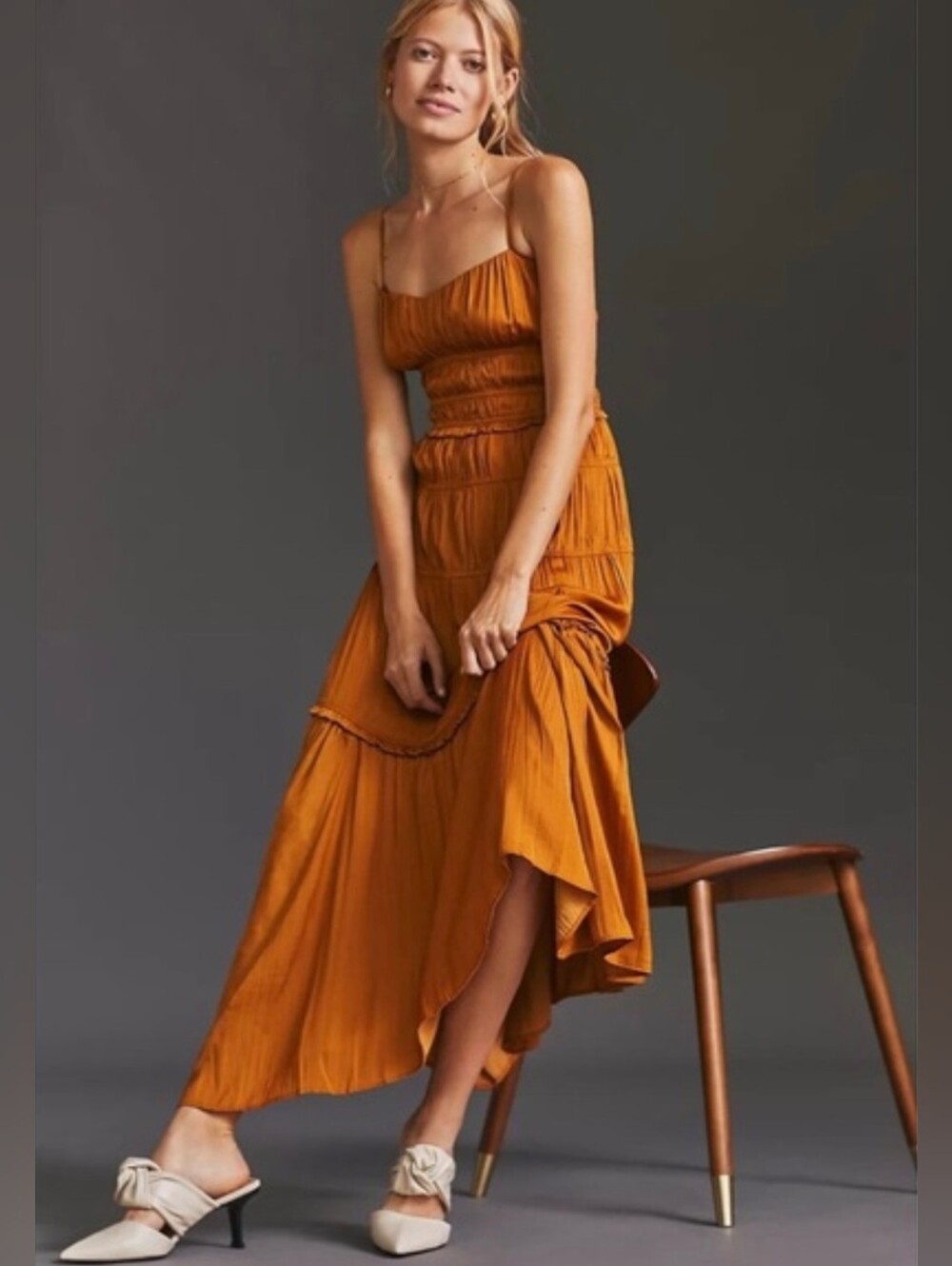 Anthropologie Ruched Satin Slip Dress Bronze Gold Size 6